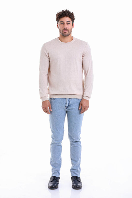Bej Regular Fit Bisiklet Yaka 100% Pamuklu Triko Kazak 3