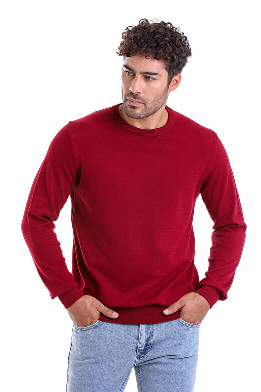Bordo Regular Fit Bisiklet Yaka 100% Pamuklu Triko Kazak 2