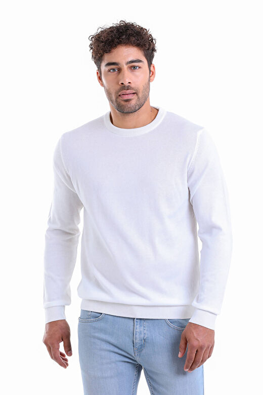 Ekru Regular Fit Bisiklet Yaka 100% Pamuklu Triko Kazak 2