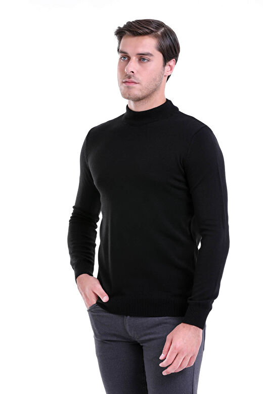 Siyah Regular Fit Düz Yarım Balıkçı Yaka Triko Kazak 2