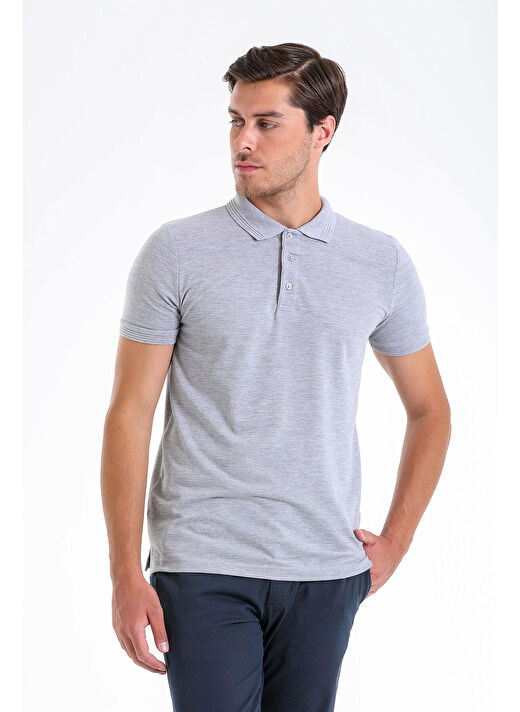 Gri Regular Fit Düz 100% Pamuklu Polo Yaka Tişört 1