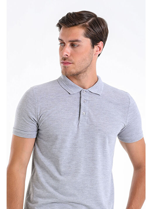 Gri Regular Fit Düz 100% Pamuklu Polo Yaka Tişört 4