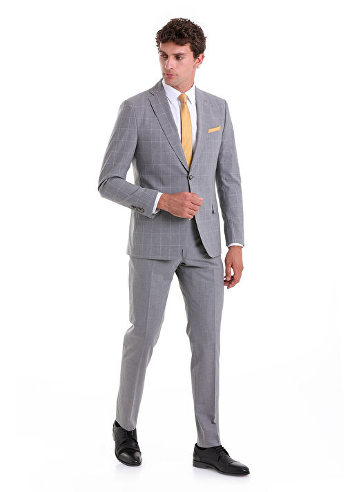 Gri Slim Fit Kareli Mono Yaka Casual Takım Elbise 1