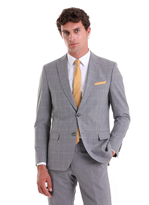 Gri Slim Fit Kareli Mono Yaka Casual Takım Elbise 2