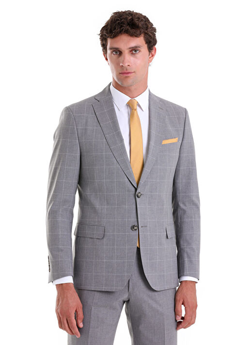 Gri Slim Fit Kareli Mono Yaka Casual Takım Elbise 3