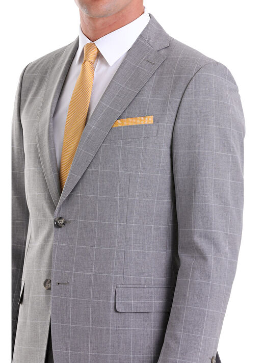 Gri Slim Fit Kareli Mono Yaka Casual Takım Elbise 4