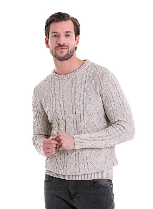 Bej Comfort Fit Jakarlı Pamuklu Bisiklet Yaka Triko Kazak 1