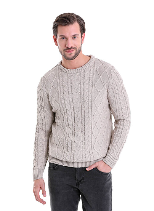 Bej Comfort Fit Jakarlı Pamuklu Bisiklet Yaka Triko Kazak 2