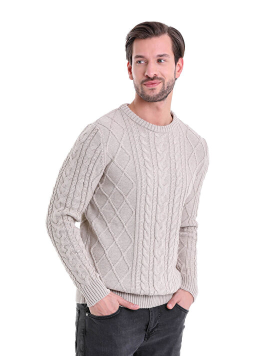 Bej Comfort Fit Jakarlı Pamuklu Bisiklet Yaka Triko Kazak 3