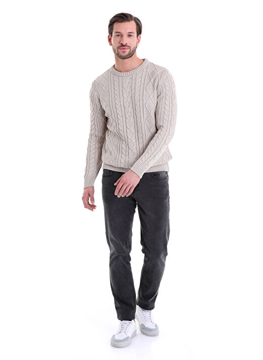 Bej Comfort Fit Jakarlı Pamuklu Bisiklet Yaka Triko Kazak 4