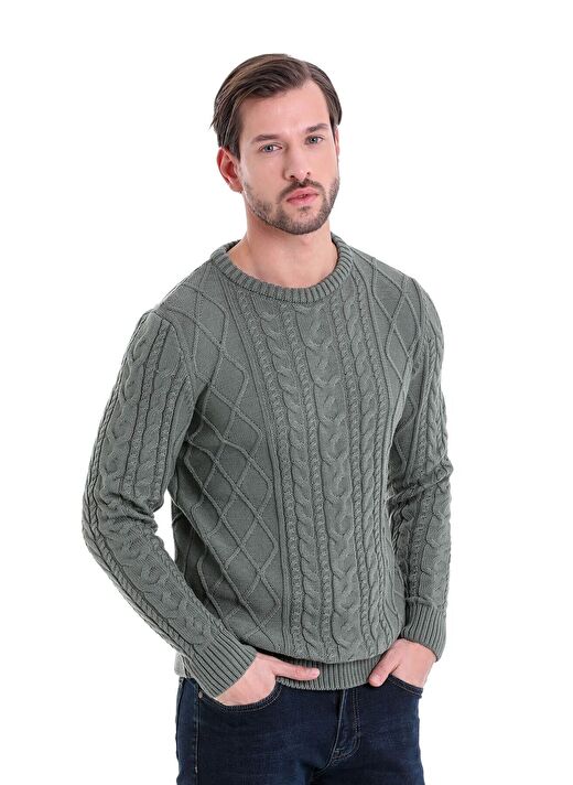 Yeşil Comfort Fit Jakarlı Pamuklu Bisiklet Yaka Triko Kazak 1