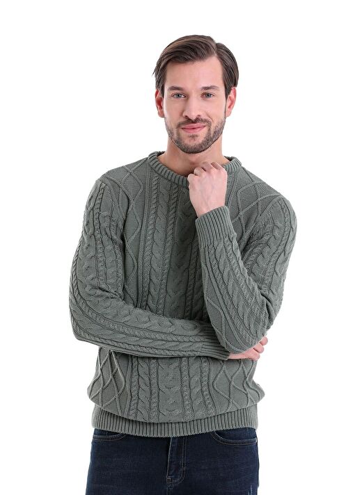 Yeşil Comfort Fit Jakarlı Pamuklu Bisiklet Yaka Triko Kazak 2