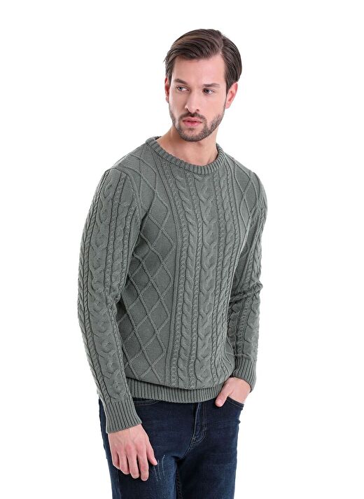 Yeşil Comfort Fit Jakarlı Pamuklu Bisiklet Yaka Triko Kazak 3