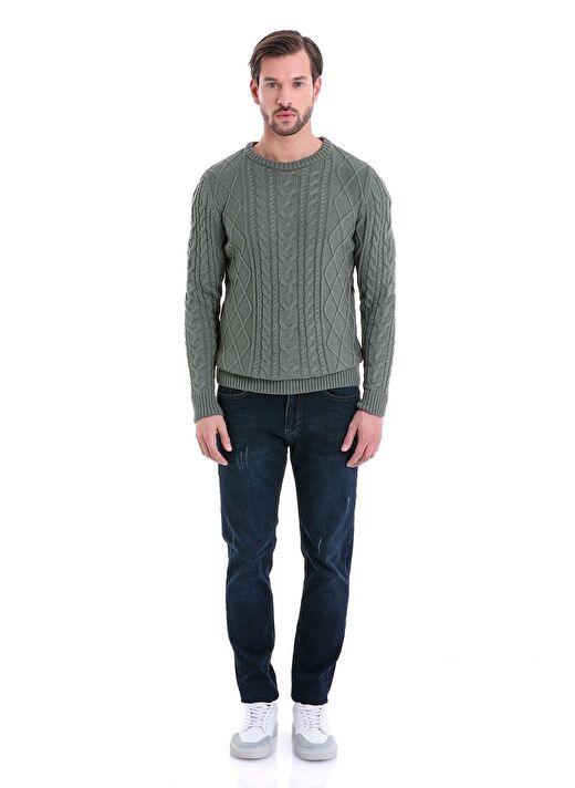 Yeşil Comfort Fit Jakarlı Pamuklu Bisiklet Yaka Triko Kazak 4