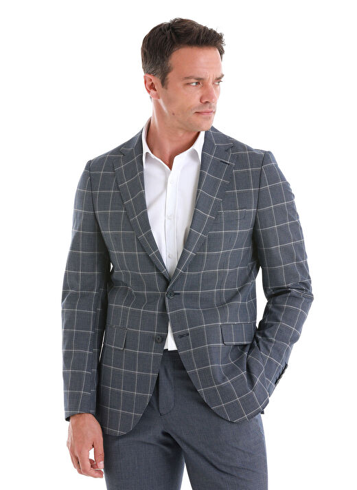 Lacivert Slim Fit Çizgili Mono Yaka Takım Elbise 3