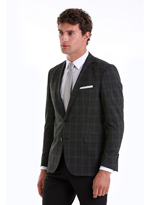 Antrasit Slim Fit Kareli Mono Yaka Casual Takım Elbise 3