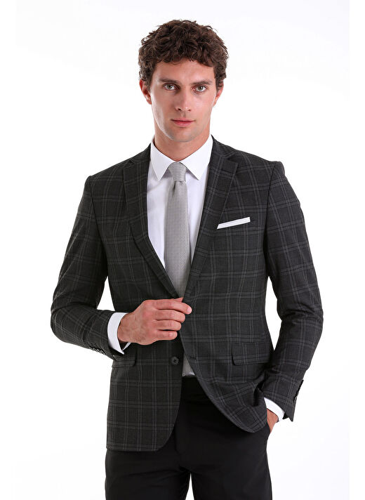 Antrasit Slim Fit Kareli Mono Yaka Casual Takım Elbise 4