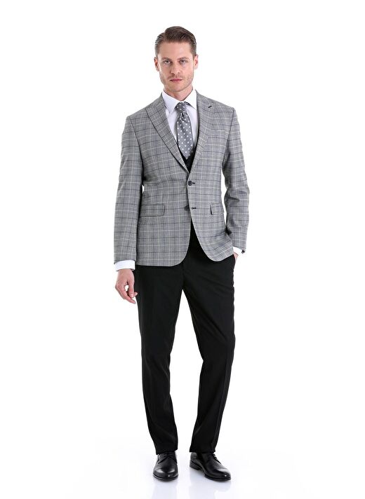 Gri Comfort Fit Kareli Sivri Yaka Casual Yelekli Takım Elbise 1