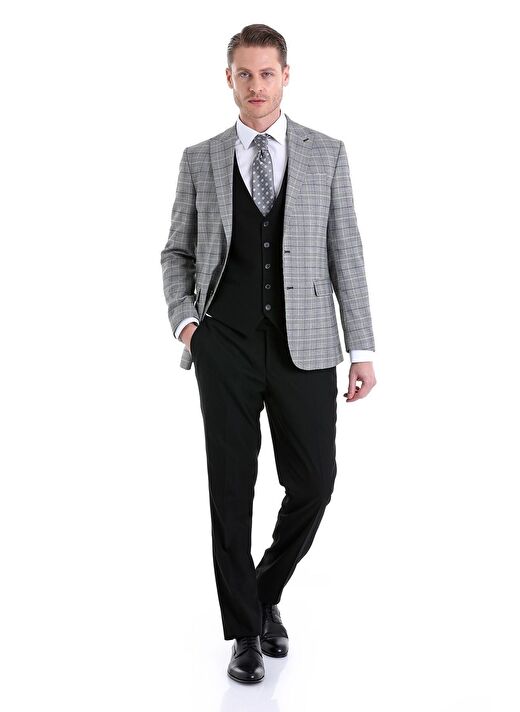 Gri Comfort Fit Kareli Sivri Yaka Casual Yelekli Takım Elbise 2