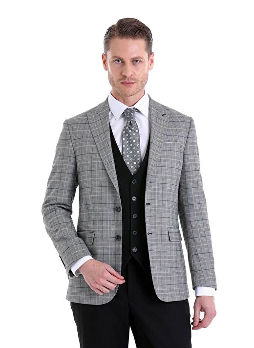 Gri Comfort Fit Kareli Sivri Yaka Casual Yelekli Takım Elbise 4