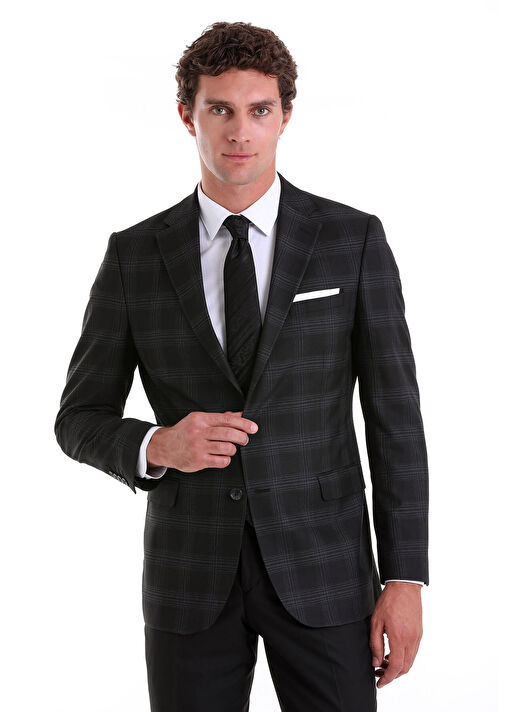Siyah Slim Fit Kareli Mono Yaka Casual Takım Elbise 2