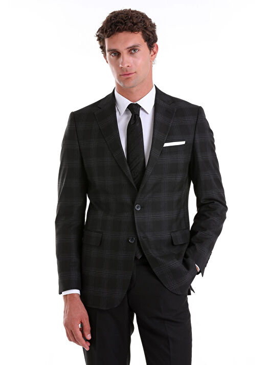 Siyah Slim Fit Kareli Mono Yaka Casual Takım Elbise 3