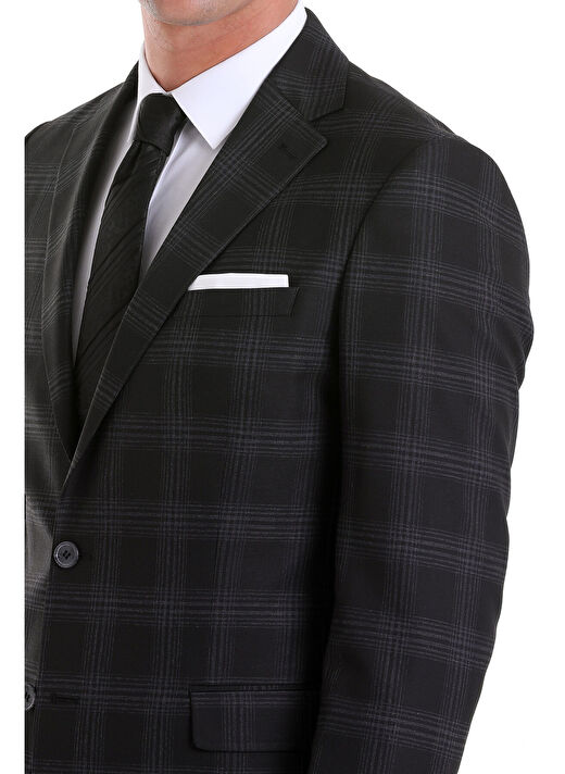 Siyah Slim Fit Kareli Mono Yaka Casual Takım Elbise 4