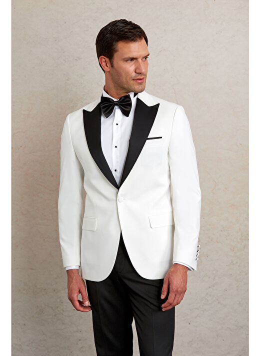 Beyaz Slim Fit Desenli Şal Yaka Klasik Smokin Damatlık 3