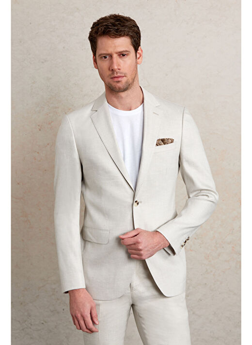 Gri Slim Fit Düz Mono Yaka Casual Keten Takım Elbise 2
