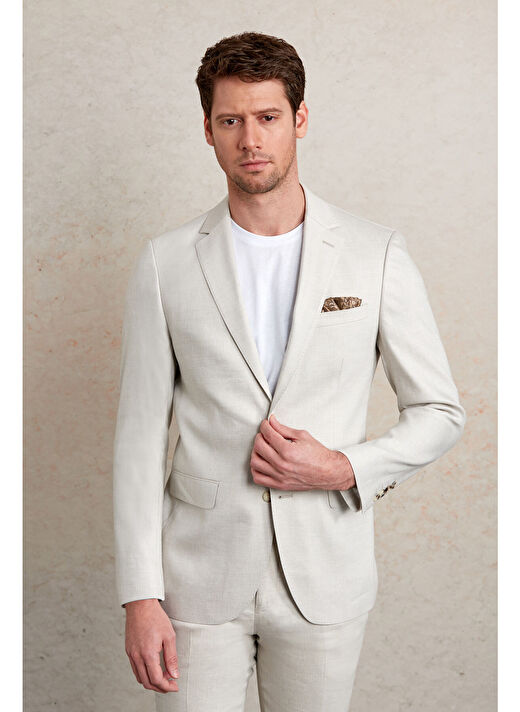 Gri Slim Fit Düz Mono Yaka Casual Keten Takım Elbise 4