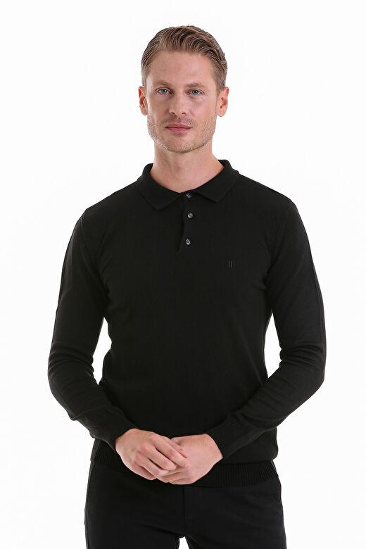 Siyah Regular Fit Düz Polo Yaka Triko Kazak 1