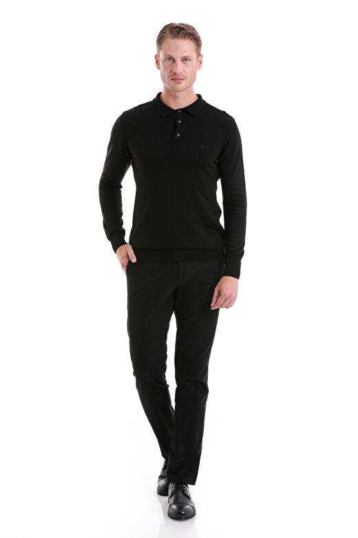Siyah Regular Fit Düz Polo Yaka Triko Kazak 2