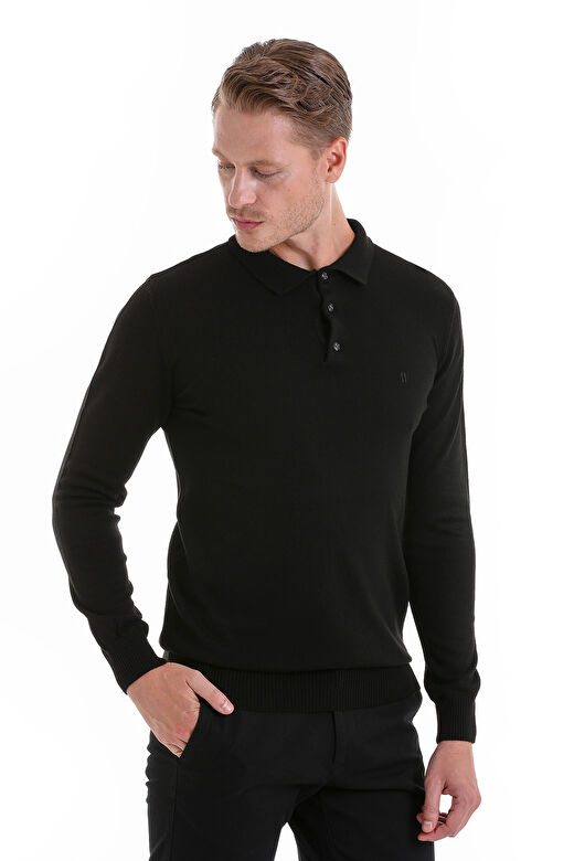 Siyah Regular Fit Düz Polo Yaka Triko Kazak 3