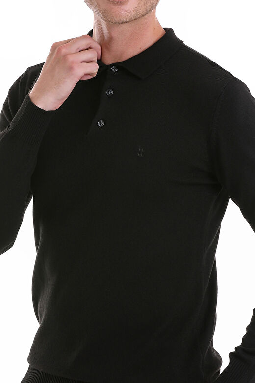 Siyah Regular Fit Düz Polo Yaka Triko Kazak 4