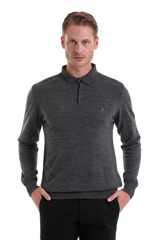 Antrasit Regular Fit Düz Polo Yaka Triko Kazak 1
