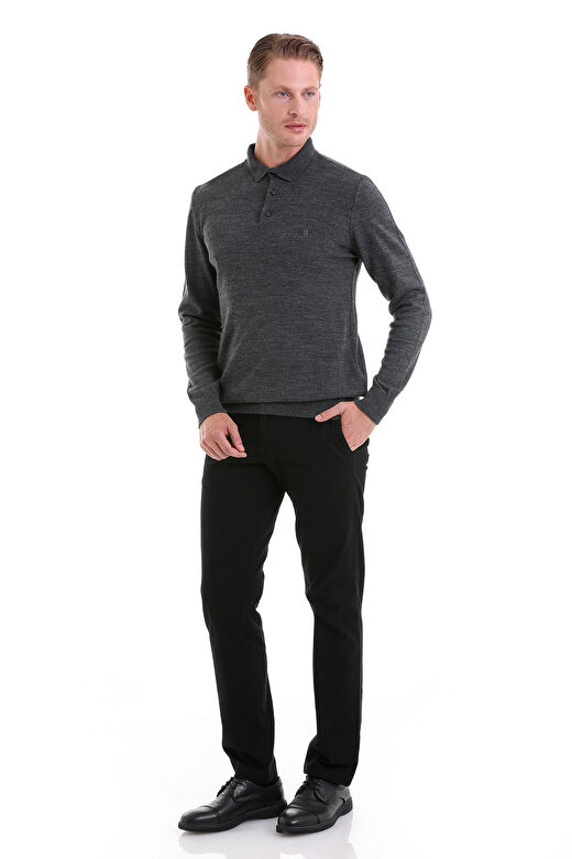 Antrasit Regular Fit Düz Polo Yaka Triko Kazak 2
