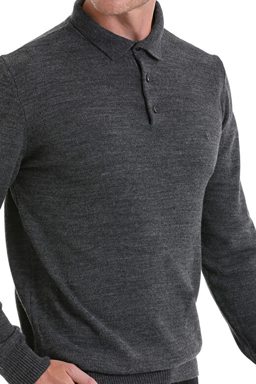 Antrasit Regular Fit Düz Polo Yaka Triko Kazak 3