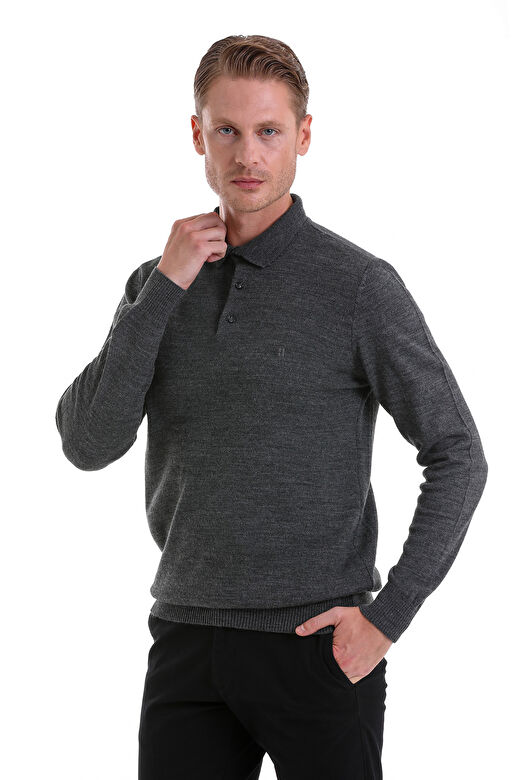 Antrasit Regular Fit Düz Polo Yaka Triko Kazak 4