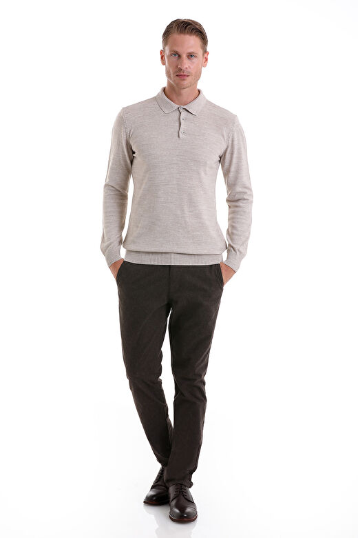 Bej Regular Fit Düz Polo Yaka Triko Kazak 2