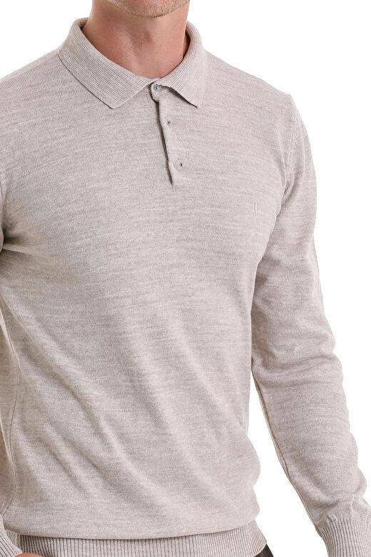 Bej Regular Fit Düz Polo Yaka Triko Kazak 3