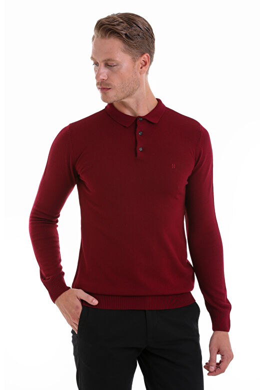 Bordo Regular Fit Düz Polo Yaka Triko Kazak 1