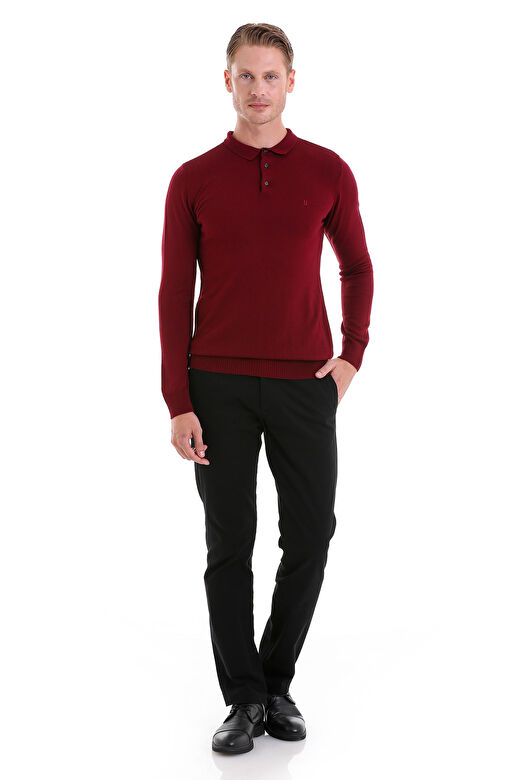 Bordo Regular Fit Düz Polo Yaka Triko Kazak 2