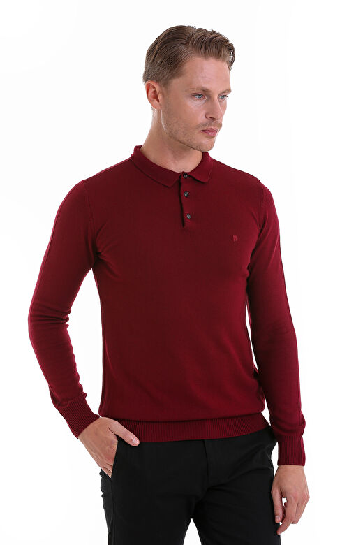 Bordo Regular Fit Düz Polo Yaka Triko Kazak 4