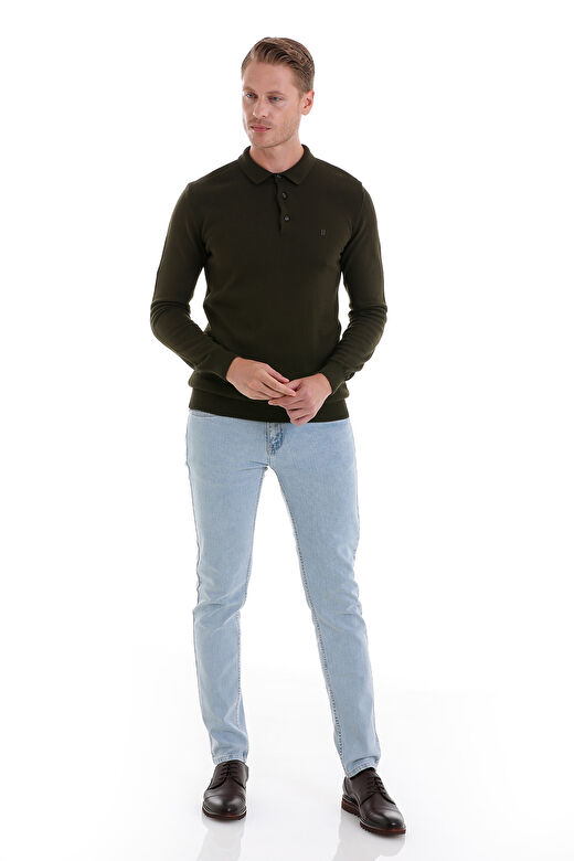 Haki Regular Fit Düz Polo Yaka Triko Kazak 2