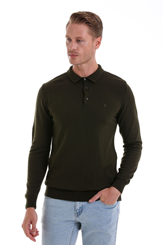 Haki Regular Fit Düz Polo Yaka Triko Kazak 3