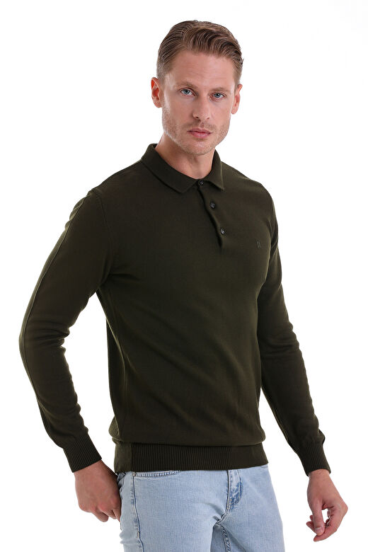 Haki Regular Fit Düz Polo Yaka Triko Kazak 4