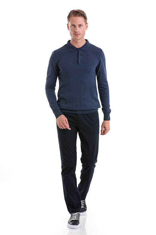 indigo Regular Fit Düz Polo Yaka Triko Kazak 2