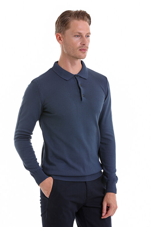 indigo Regular Fit Düz Polo Yaka Triko Kazak 4