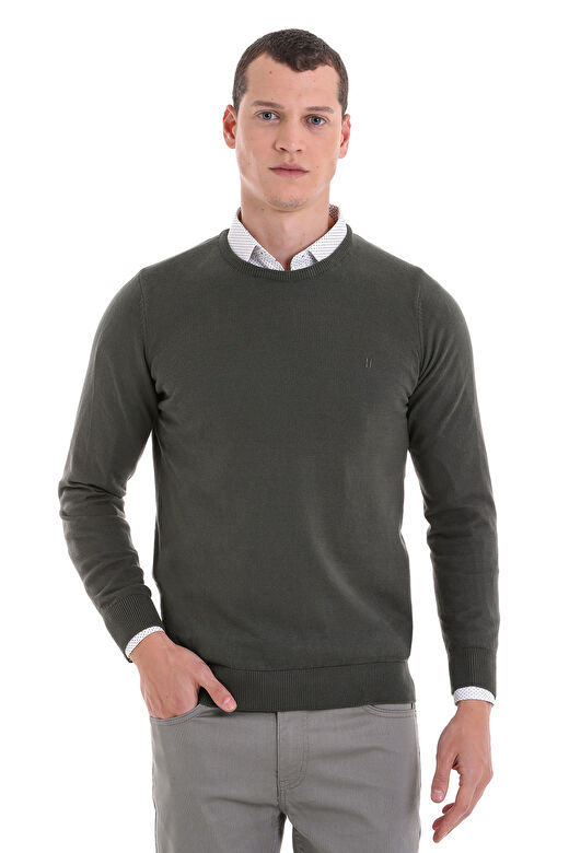 Haki Regular Fit Bisiklet Yaka 100% Pamuklu Triko Kazak 1