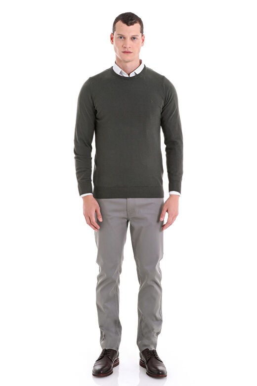 Haki Regular Fit Bisiklet Yaka 100% Pamuklu Triko Kazak 2